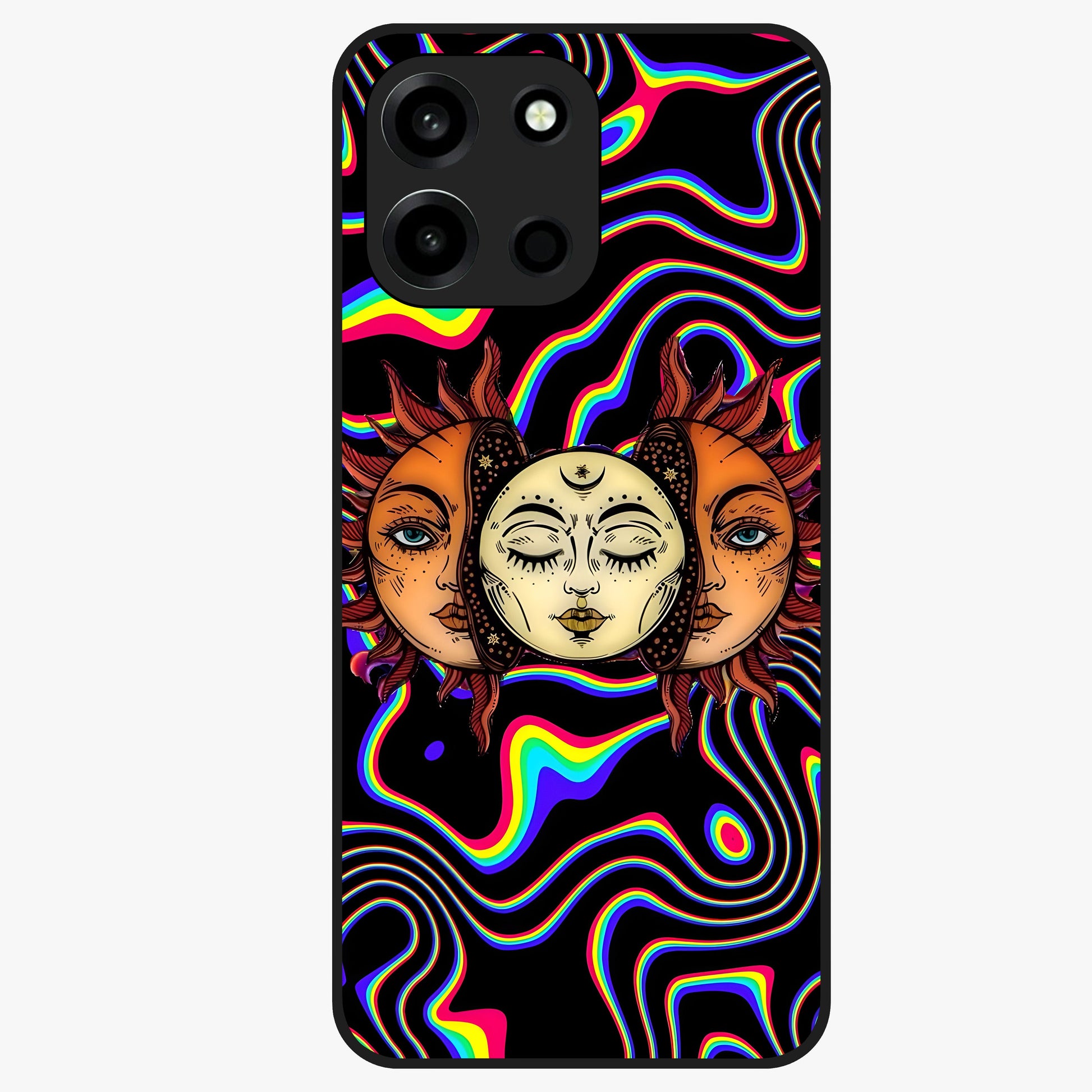 Psychedelic Sun Glass Case showing flat back view with colorful psychedelic sun artwork and glossy glass finish.