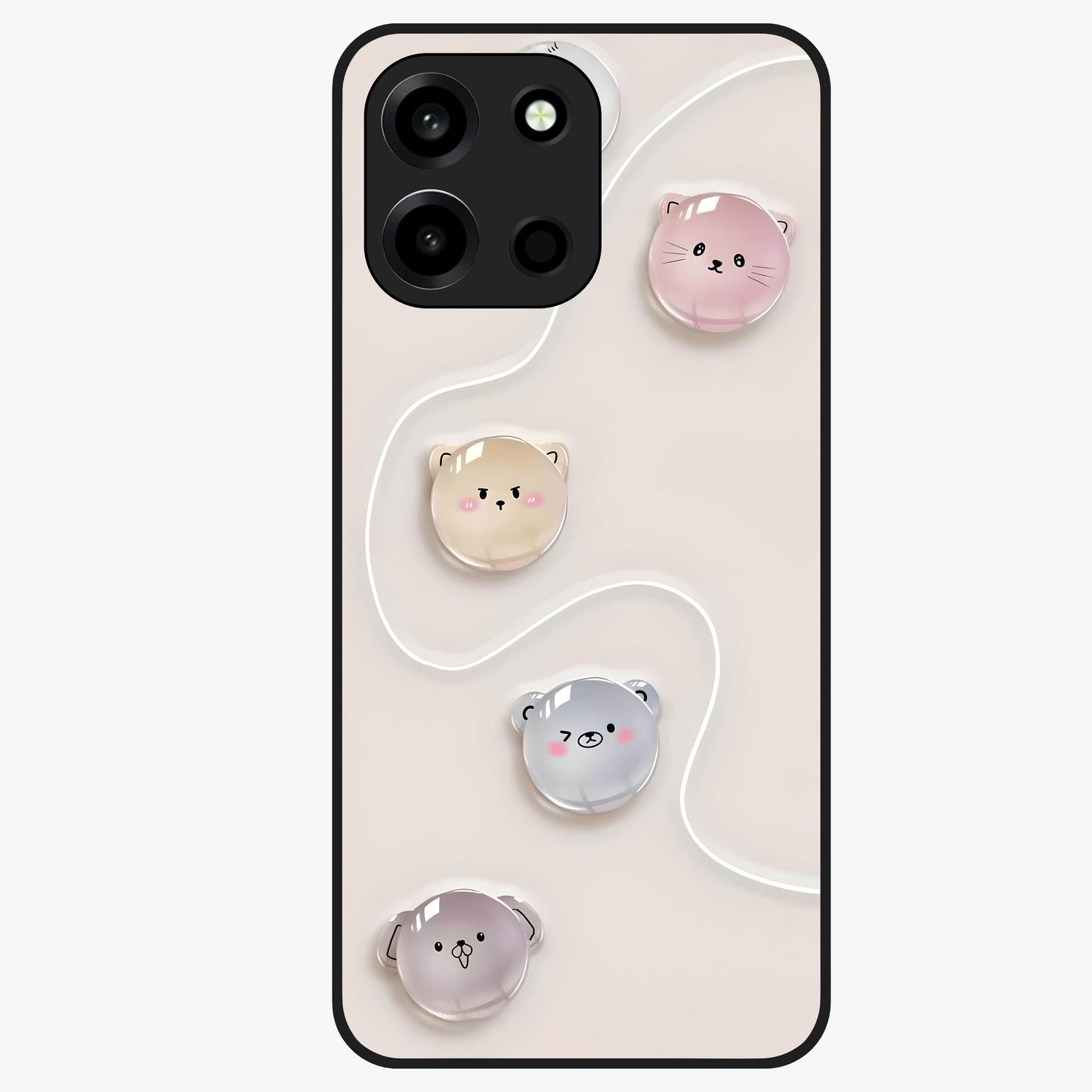 Puffy Face Parade Glass Case showing flat back view with cute puffy character faces artwork and glossy glass finish.