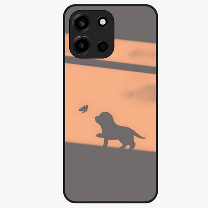 Puppy Shadow Art Glass Case showing flat back view with cute puppy shadow style artwork and glossy glass finish.