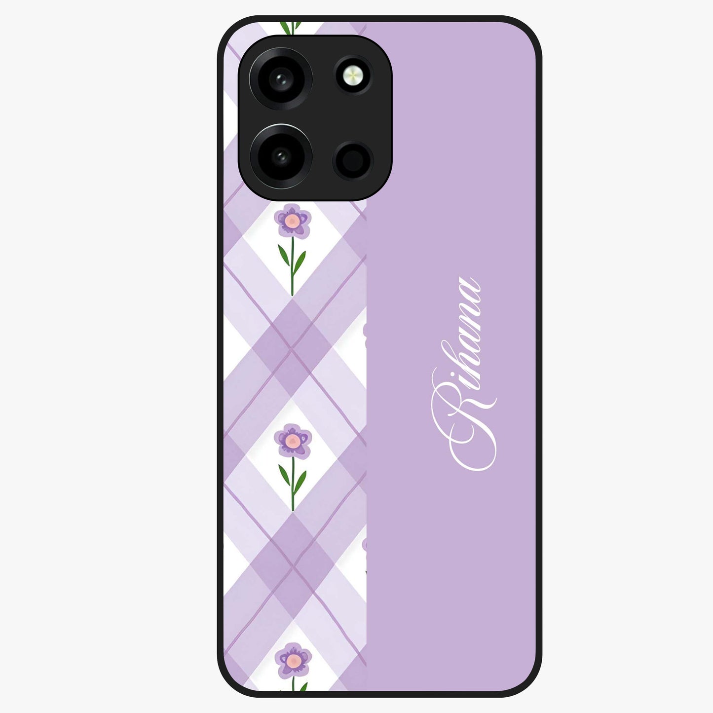 Purple Diamond Floral Glass Case showing flat back view with diamond shaped floral artwork and glossy glass finish.