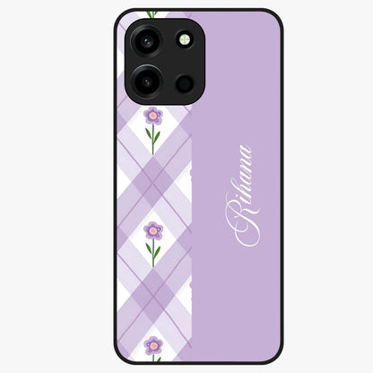 Purple Diamond Floral Glass Case showing flat back view with diamond shaped floral artwork and glossy glass finish.