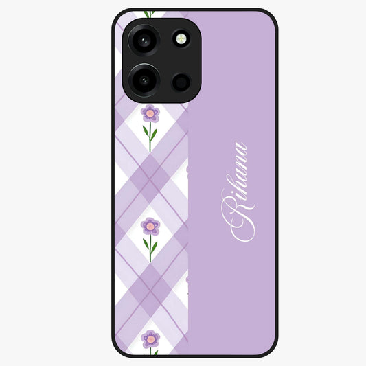 Purple Diamond Floral Glass Case showing flat back view with diamond shaped floral artwork and glossy glass finish.