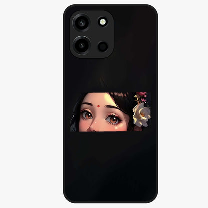 Radha Divine Embrace Glass Case showing flat back view with devotional Radha artwork and glossy glass finish.