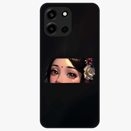 Radha Divine Embrace Glass Case showing flat back view with devotional Radha artwork and glossy glass finish.