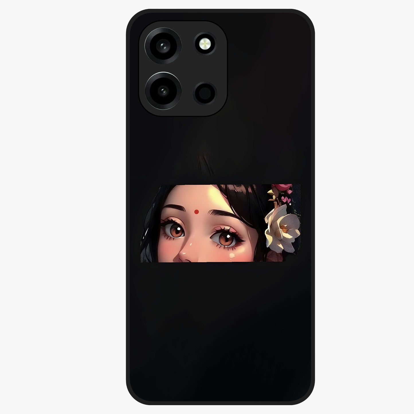 Radha Divine Embrace Glass Case showing flat back view with devotional Radha artwork and glossy glass finish.