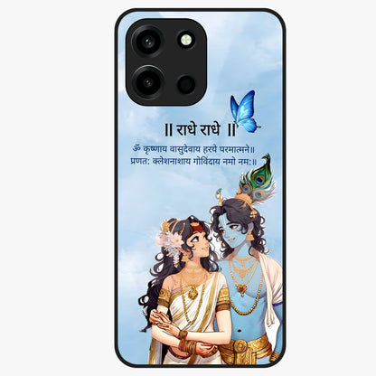 Radha Krishna Eternal Glass Case showing flat back view with Radha Krishna devotional artwork and glossy glass finish.