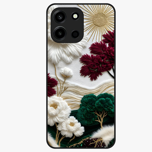Radiant Bloom Elegance Glass Case showing flat back view with elegant blooming flower artwork and glossy glass finish.