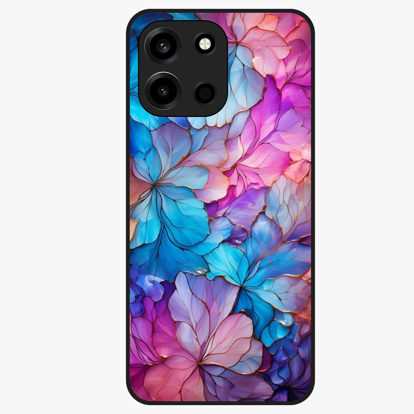 Radiant Floral Whirl Glass Case showing flat back view with swirling floral artwork and glossy glass finish.
