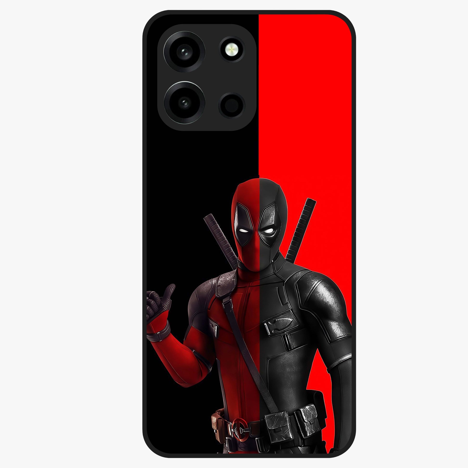 Red & Black Deadpool Theme Glass Case showing flat back view with bold comic inspired artwork and glossy glass finish.