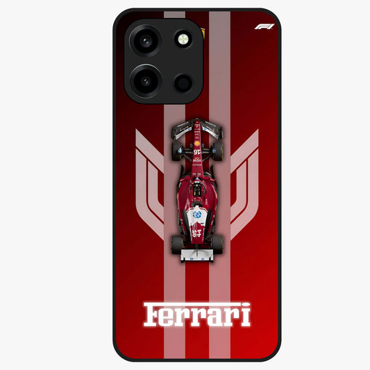 Red Ferrari F1 Vertical Glass Case showing flat back view with sleek Formula racing car artwork and glossy glass finish.
