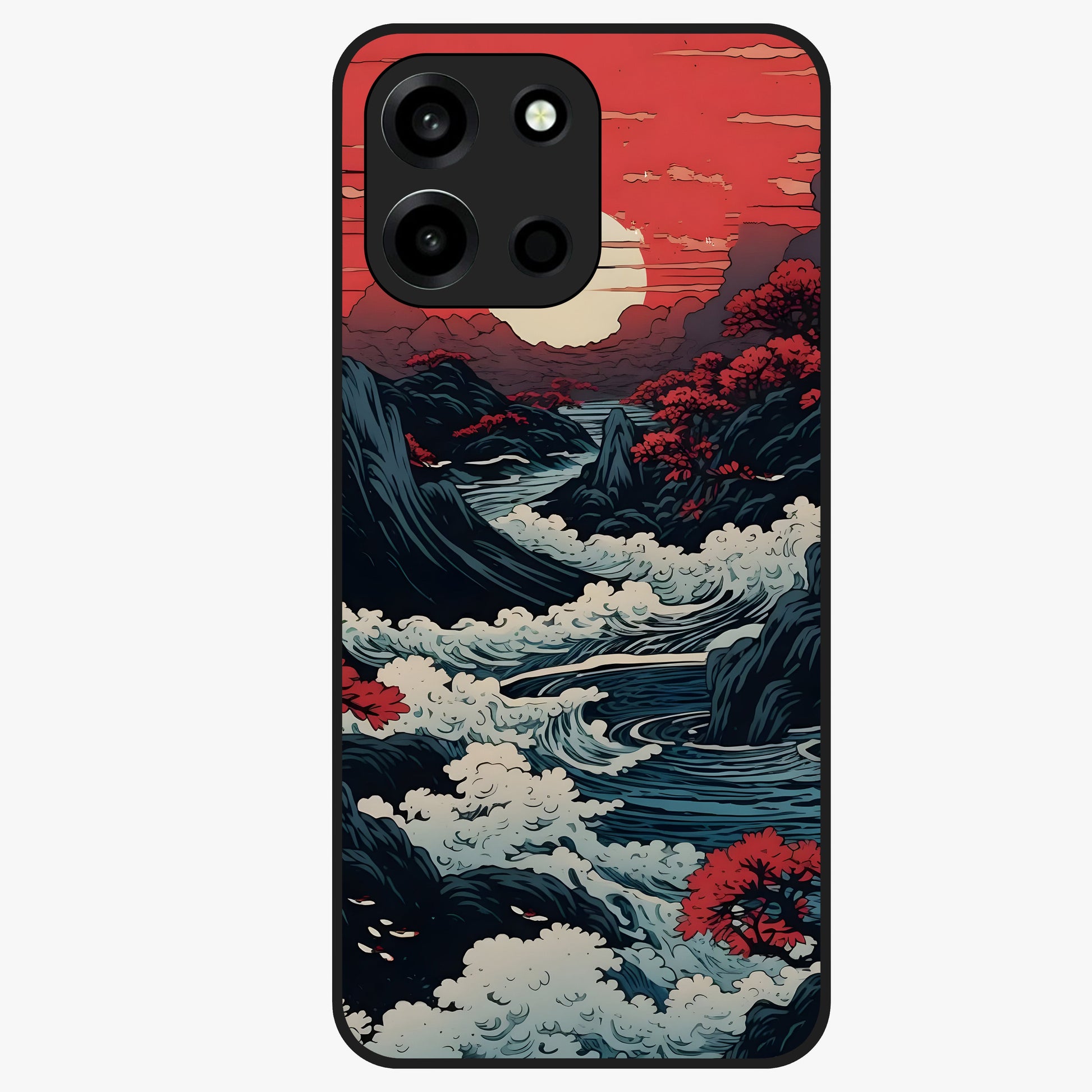 Red Sunset Scenery Glass Case showing flat back view with vibrant sunset landscape artwork and glossy glass finish.