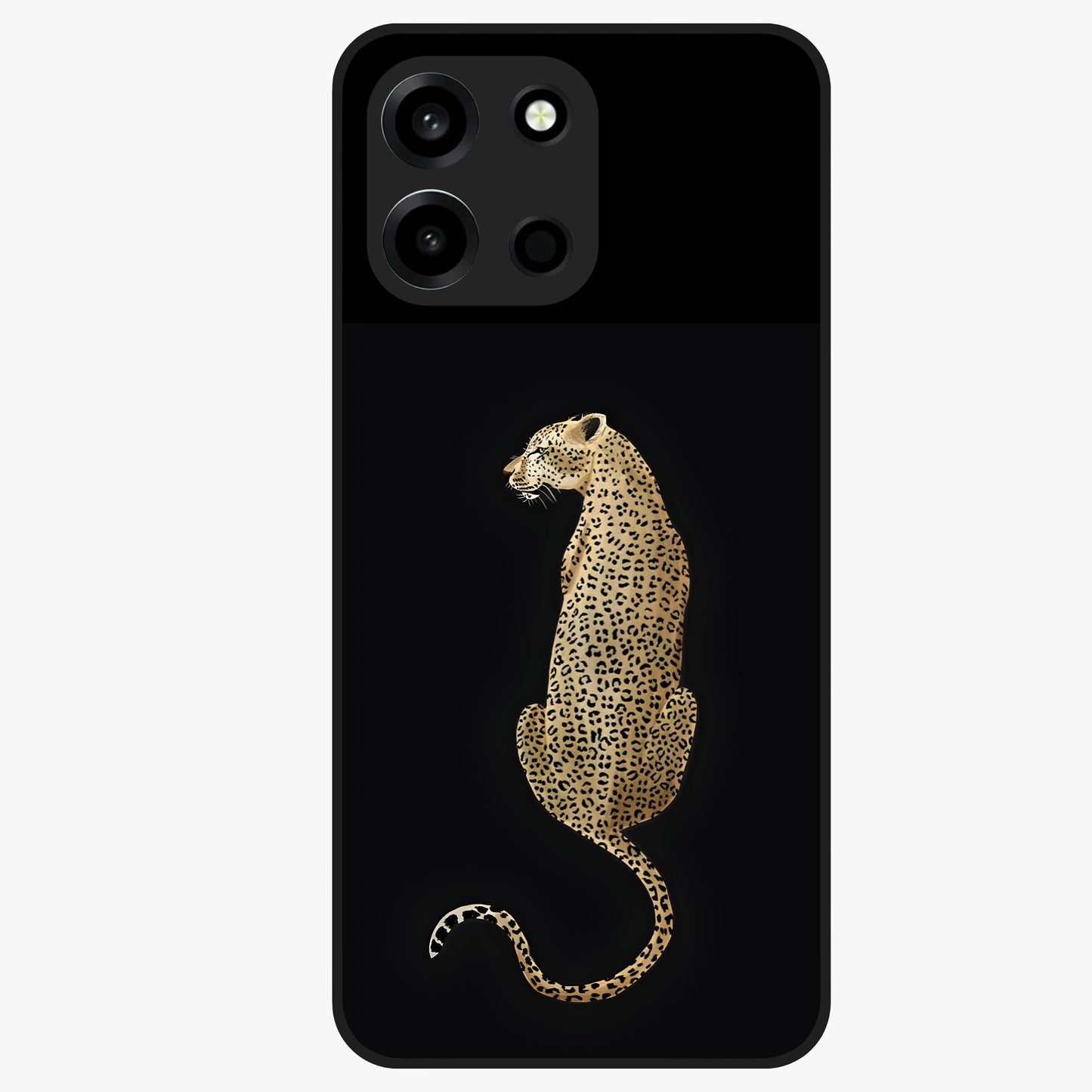 Regal Leopard Glass Case showing flat back view with bold leopard artwork and glossy glass finish.