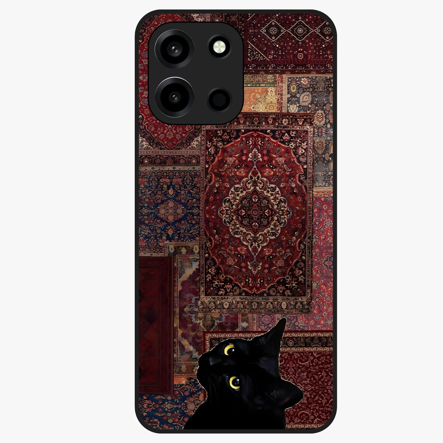 Regal Magic Cat Apple Glass Case showing flat back view with magical cat artwork holding apple and glossy glass finish.