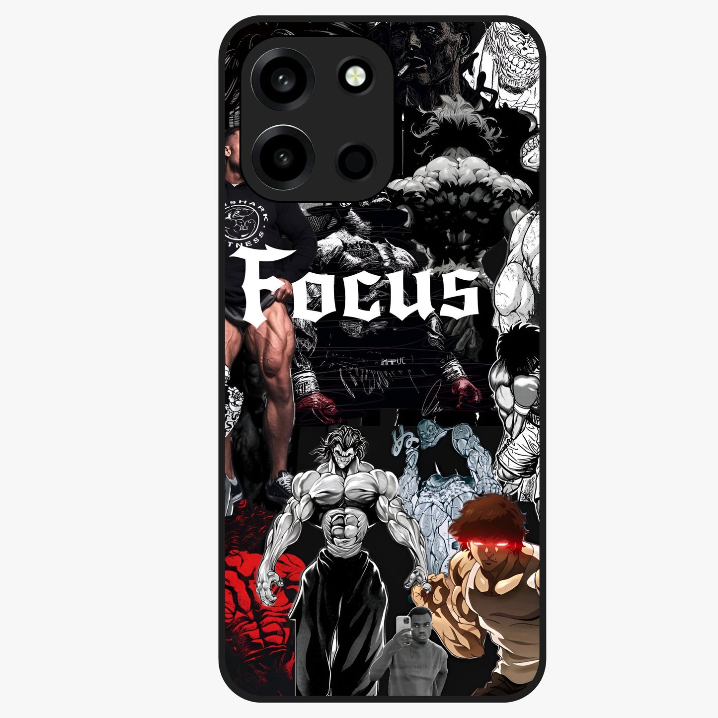 Relentless Power Focus Glass Case showing flat back view with motivational typography artwork and glossy glass finish.