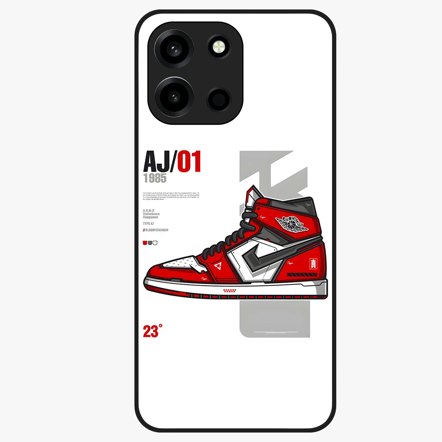 Retro Sneaker Blueprint Glass Case showing flat back view with sneaker blueprint style artwork and glossy glass finish.