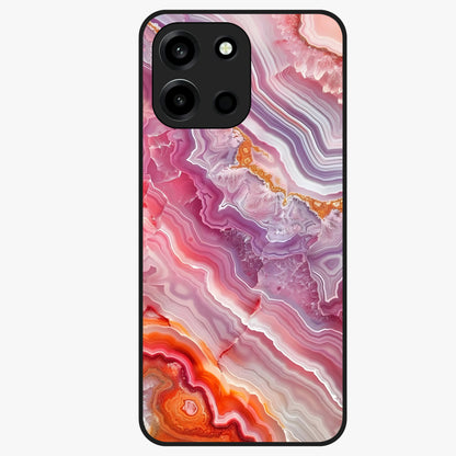 Rose Quartz Marble Glass Case showing flat back view with pink marble quartz texture artwork and glossy glass finish.