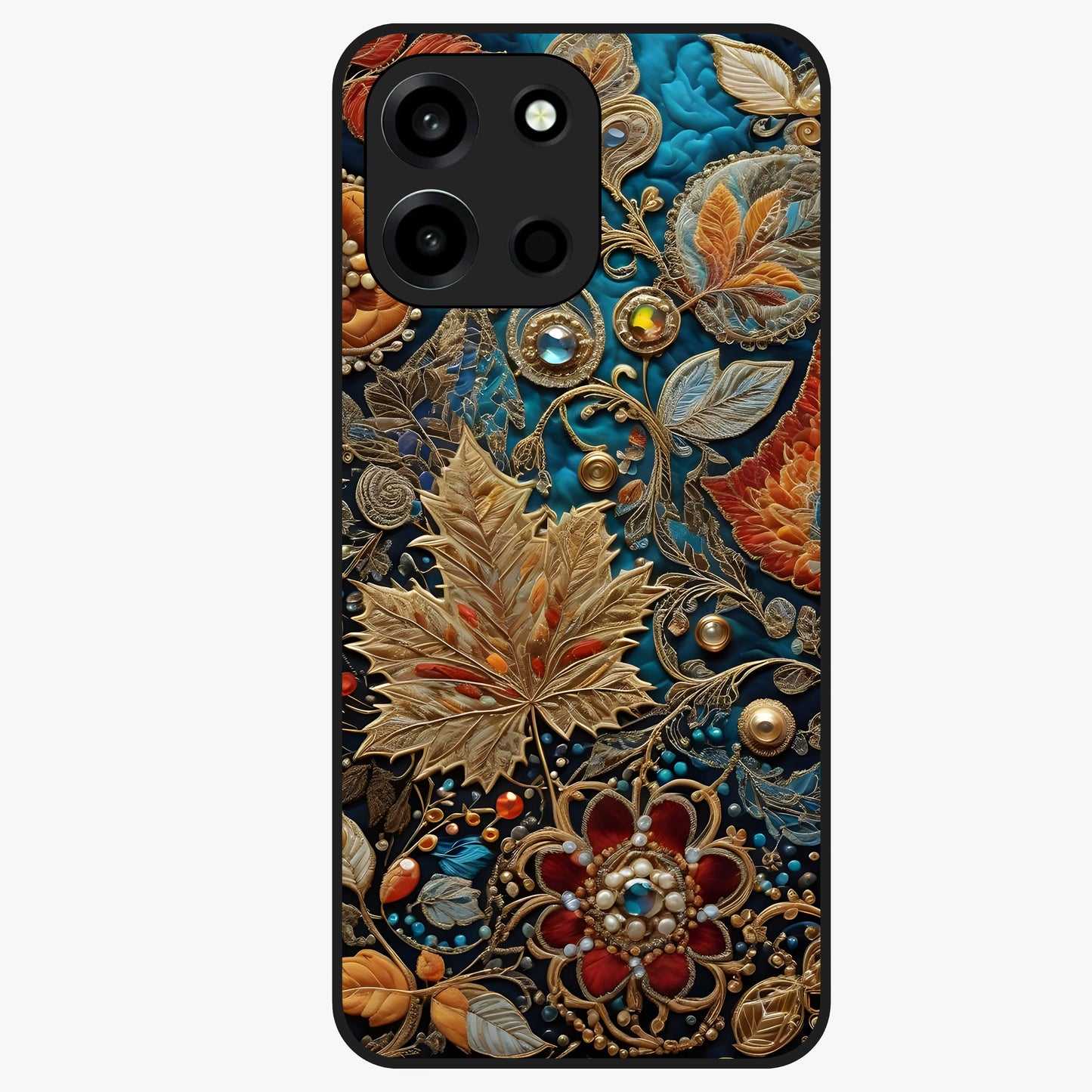 Royal Jewel Garden Glass Case showing flat back view with decorative floral garden artwork and glossy glass finish.