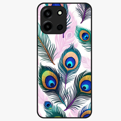 Royal Peacock Feathers Glass Case showing flat back view with colorful peacock feather artwork and glossy glass finish.