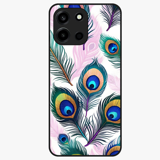 Royal Peacock Feathers Glass Case showing flat back view with colorful peacock feather artwork and glossy glass finish.