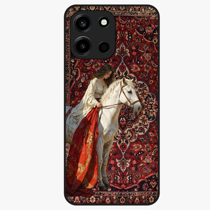 Royal Rider Tapestry Glass Case showing flat back view with majestic horse rider tapestry artwork and glossy glass finish.