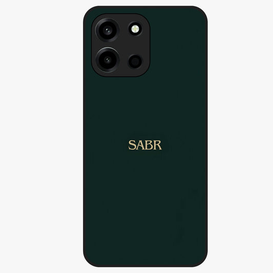 Sabr Minimal Patience Glass Case showing flat back view with minimalist typography artwork and glossy glass finish.