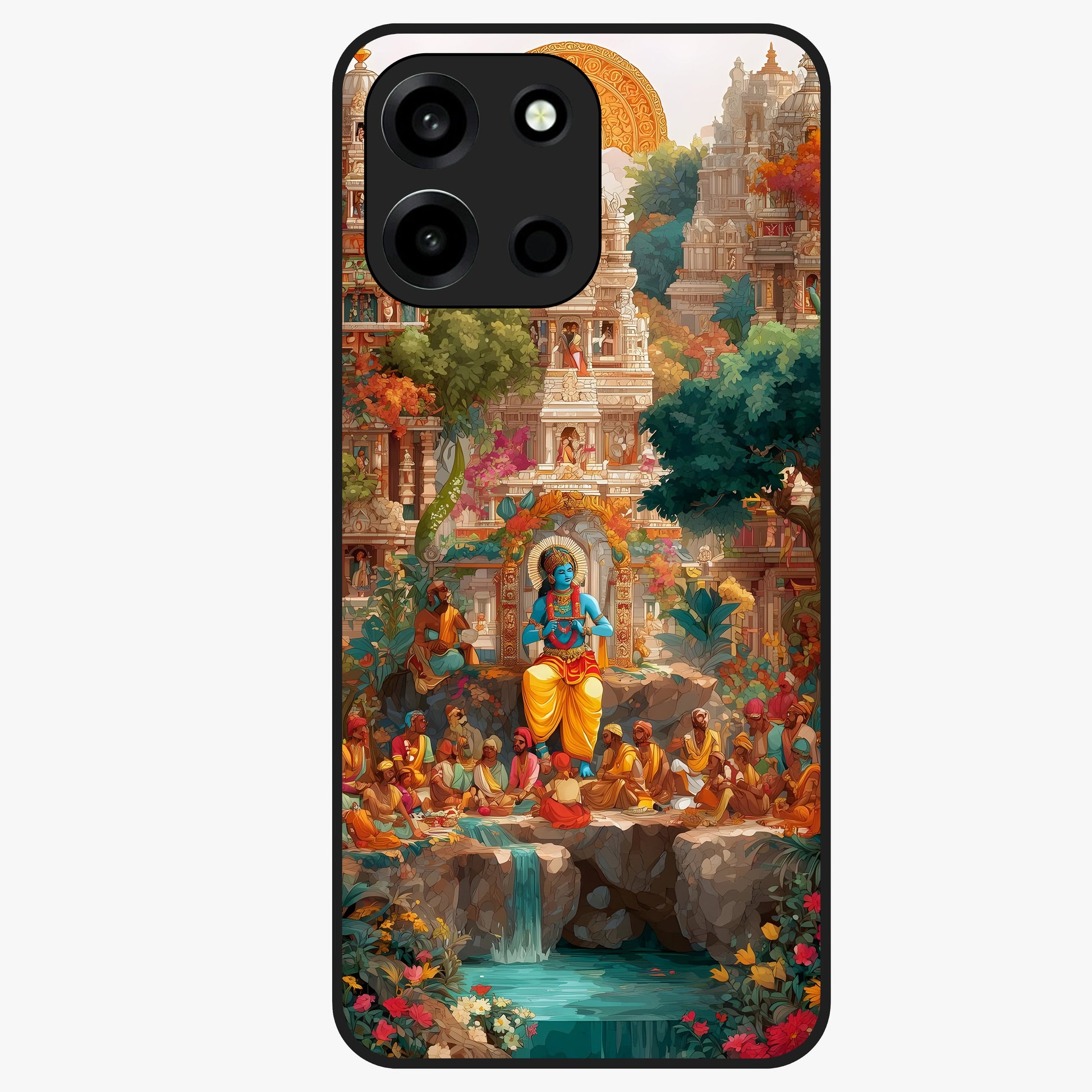 Sacred Sunlight Gods Glass Case showing flat back view with divine sunlight themed artwork and glossy glass finish.