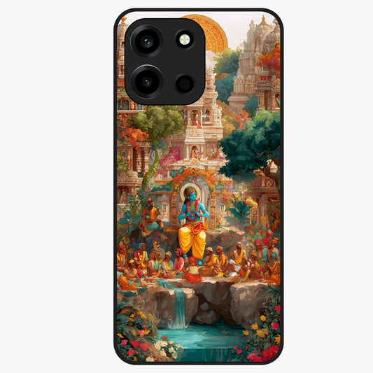 Sacred Sunlight Gods Glass Case showing flat back view with divine sunlight themed artwork and glossy glass finish.