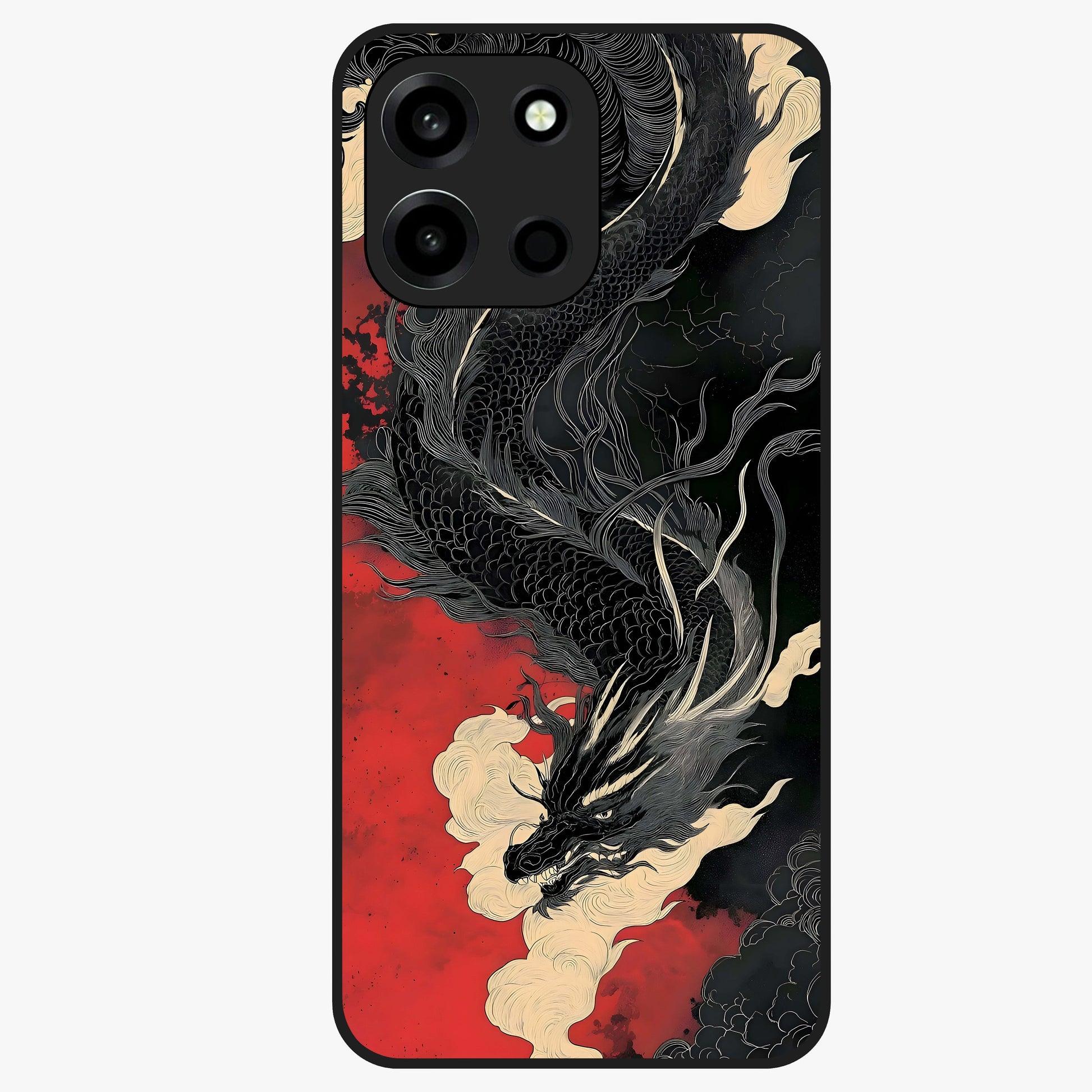 Shadow Dragon Fury Glass Case showing flat back view with fierce dragon artwork and glossy glass finish.