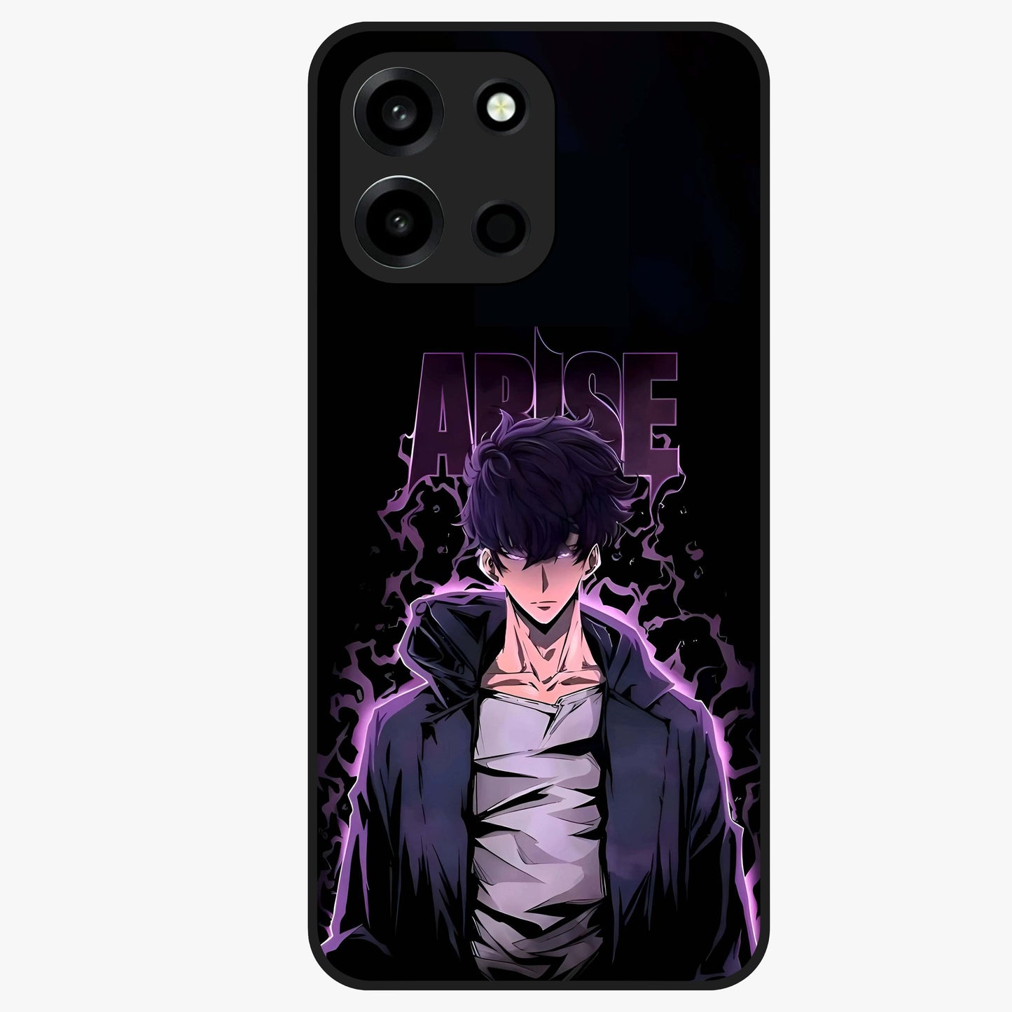 Shadow Monarch Awakening Glass Case showing flat back view with powerful dark monarch themed artwork and glossy glass finish.
