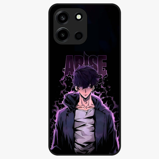 Shadow Monarch Awakening Glass Case showing flat back view with powerful dark monarch themed artwork and glossy glass finish.