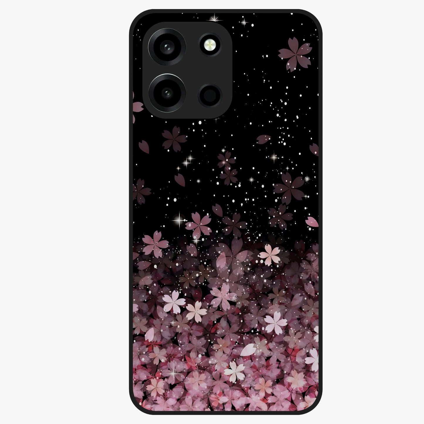 Small Starry Flowers Glass Case showing flat back view with delicate starry floral artwork and glossy glass finish.