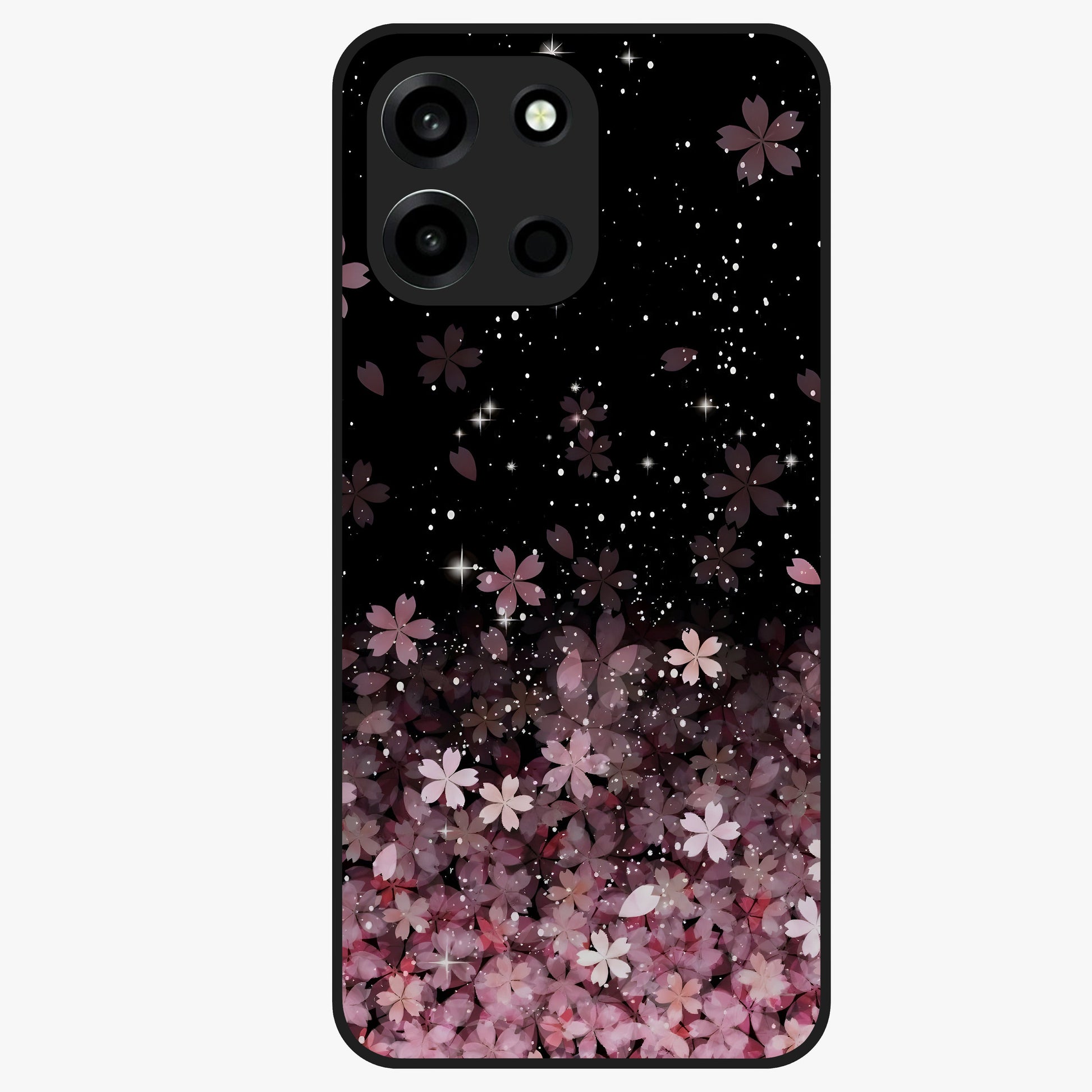 Small Starry Flowers Glass Case showing flat back view with delicate starry floral artwork and glossy glass finish.