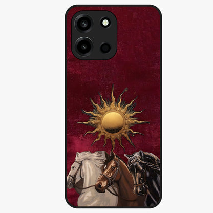 Solar Riders Glass Case showing flat back view with dynamic rider themed artwork and glossy glass finish.