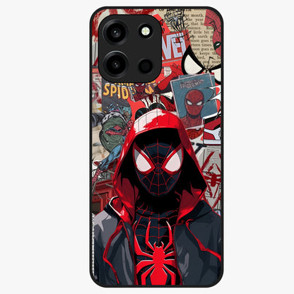 Spider Collage Street Glass Case showing flat back view with vibrant superhero collage artwork and glossy glass finish.