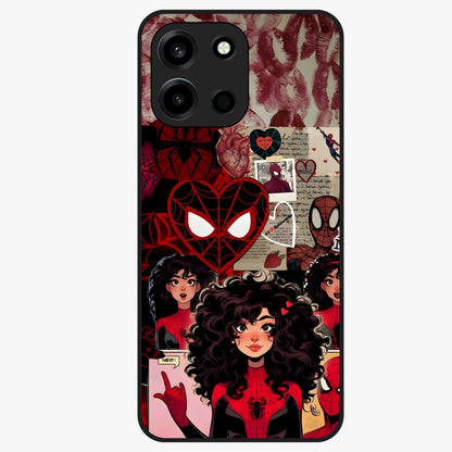 Spider Love Story Glass Case showing flat back view with romantic superhero themed artwork and glossy glass finish.