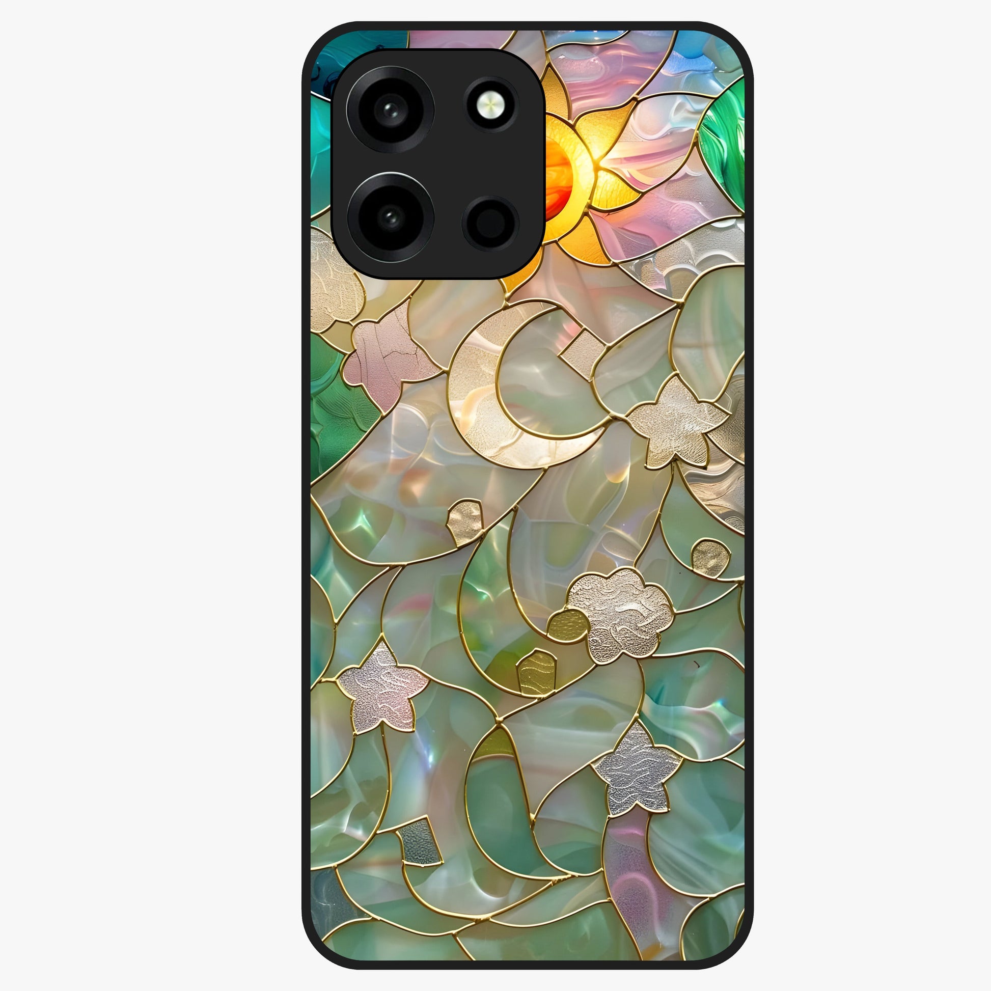 Stained Sunrise Glow Glass Case showing flat back view with glowing sunrise stained pattern artwork and glossy glass finish.