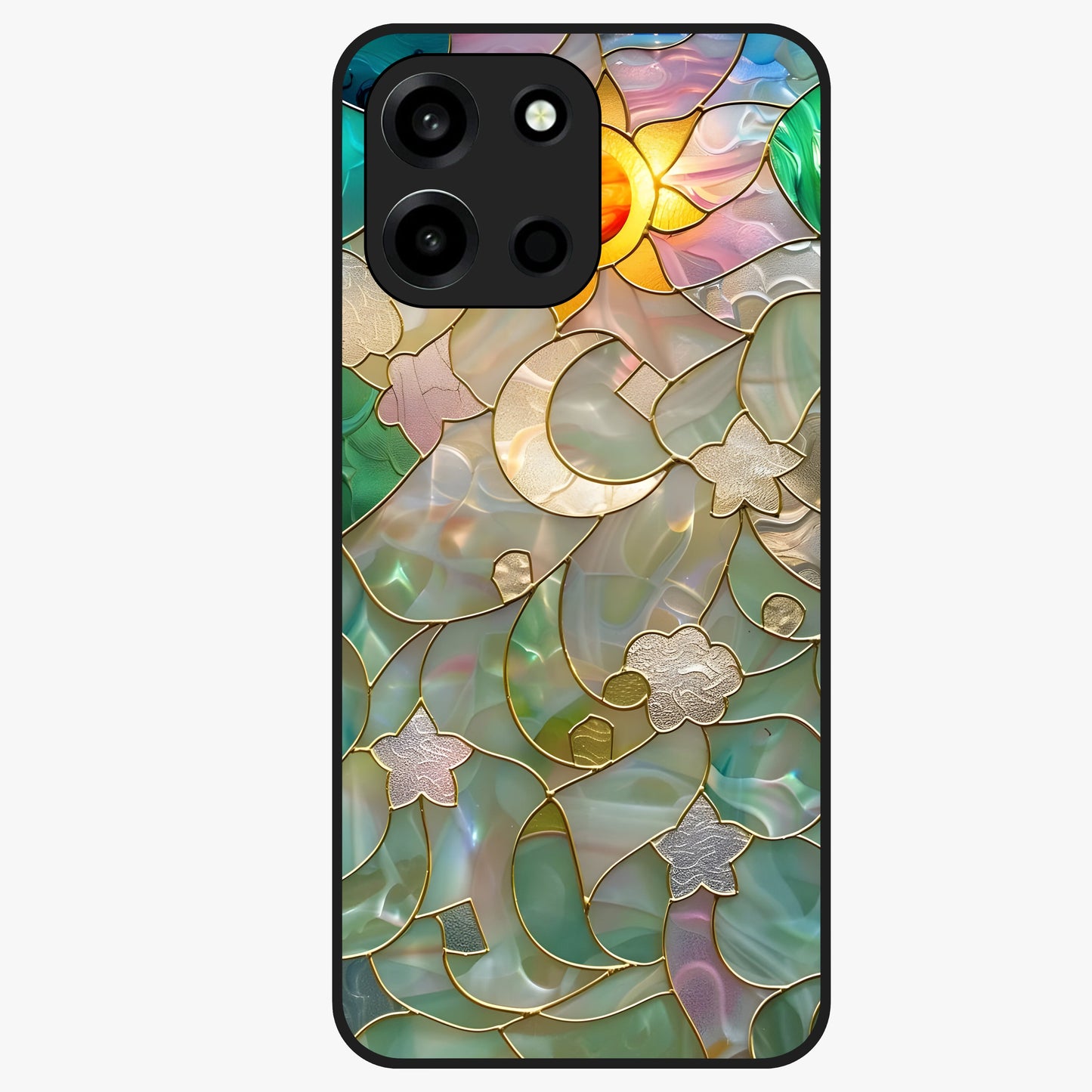 Stained Sunrise Glow Glass Case showing flat back view with glowing sunrise stained pattern artwork and glossy glass finish.
