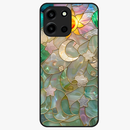 Stained Sunrise Glow Glass Case showing flat back view with glowing sunrise stained pattern artwork and glossy glass finish.