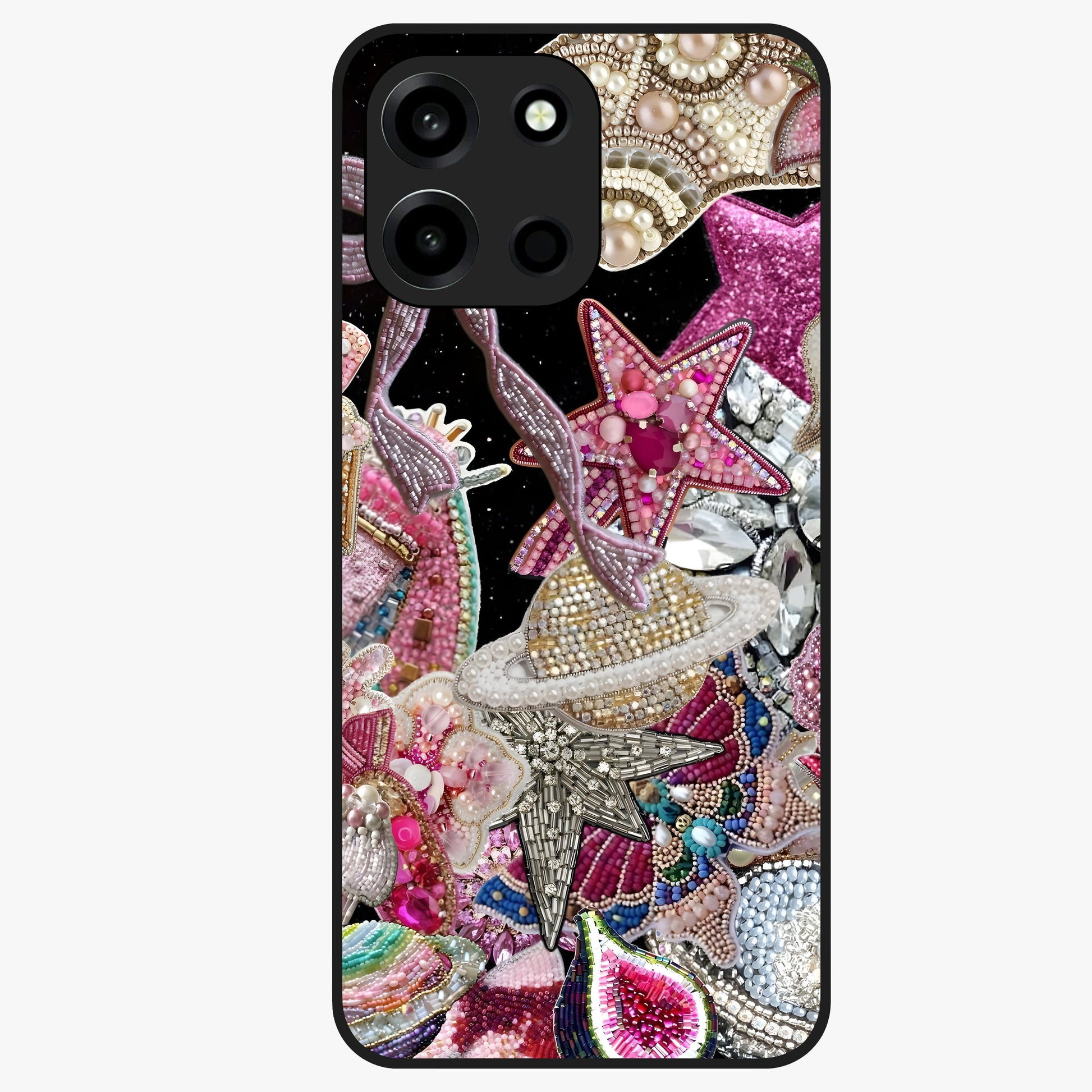 Starlit Jewel Dream Glass Case showing flat back view with sparkling jewel and star themed artwork and glossy glass finish.