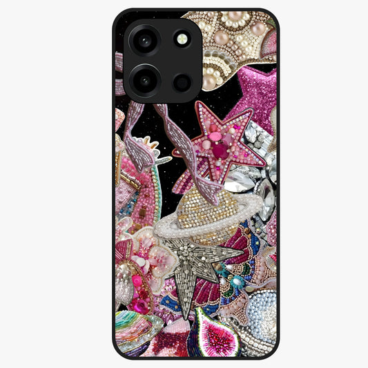 Starlit Jewel Dream Glass Case showing flat back view with sparkling jewel and star themed artwork and glossy glass finish.
