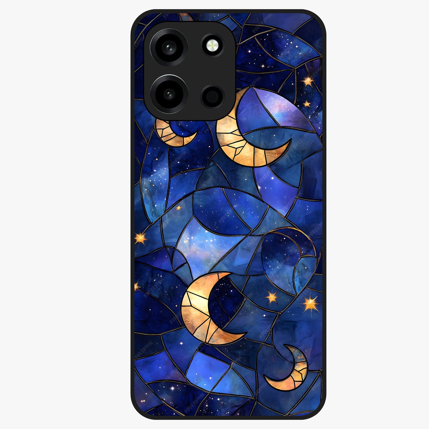 Starlit Sky Tapestry Glass Case showing flat back view with decorative starry sky tapestry artwork and glossy glass finish.
