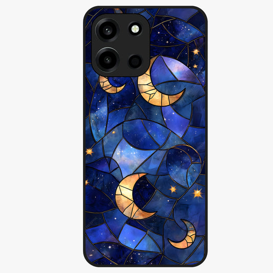 Starlit Sky Tapestry Glass Case showing flat back view with decorative starry sky tapestry artwork and glossy glass finish.