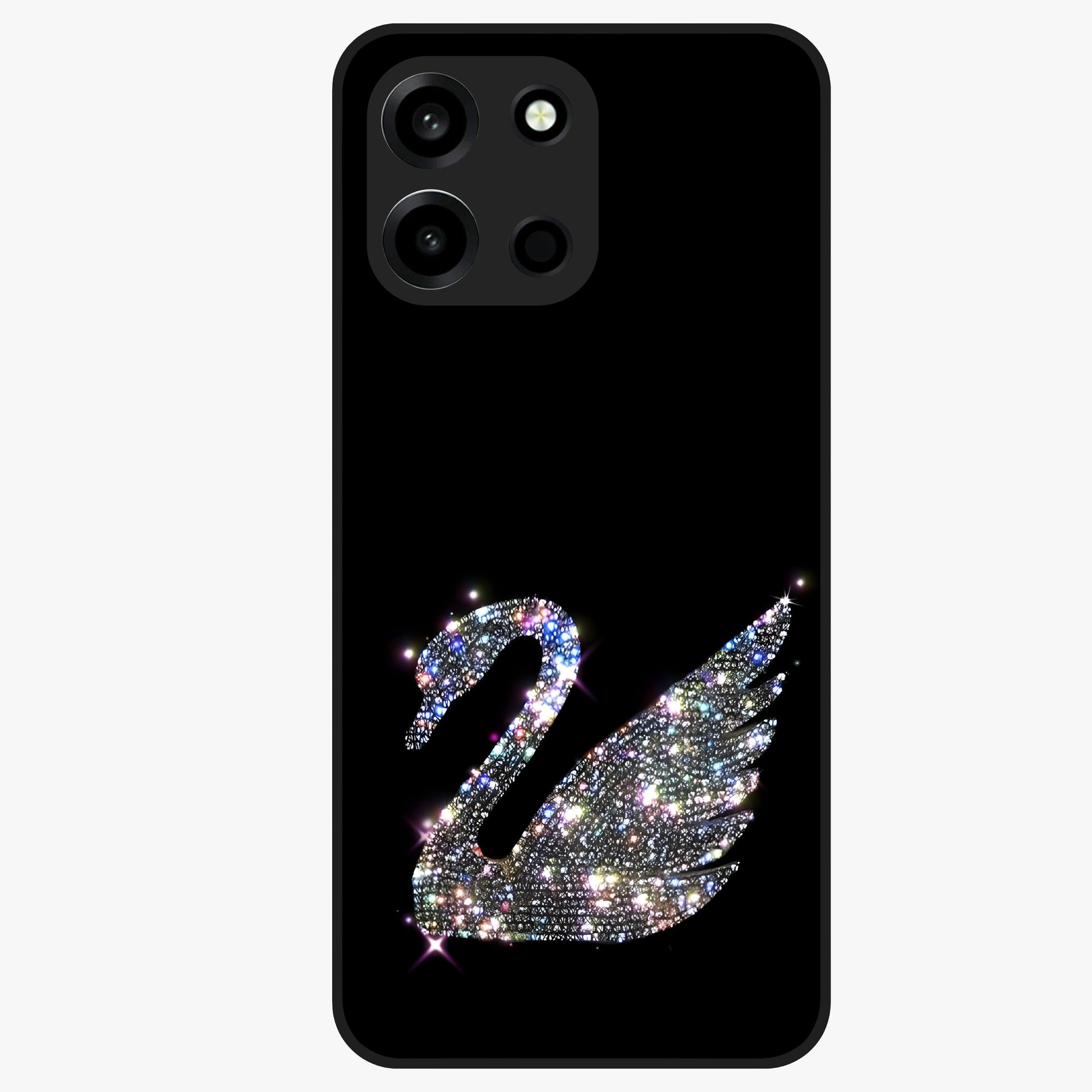 Starlit Swan Grace Glass Case showing flat back view with graceful swan artwork under starry sky and glossy glass finish.