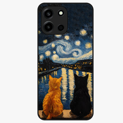Starry River Cats Glass Case showing flat back view with cats by a starry river artwork and glossy glass finish.