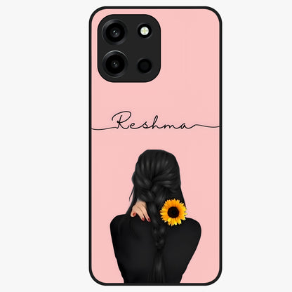 Sunflower Braid Beauty With Custom Name Glass Case showing flat back view with sunflower braid artwork and personalized name design.