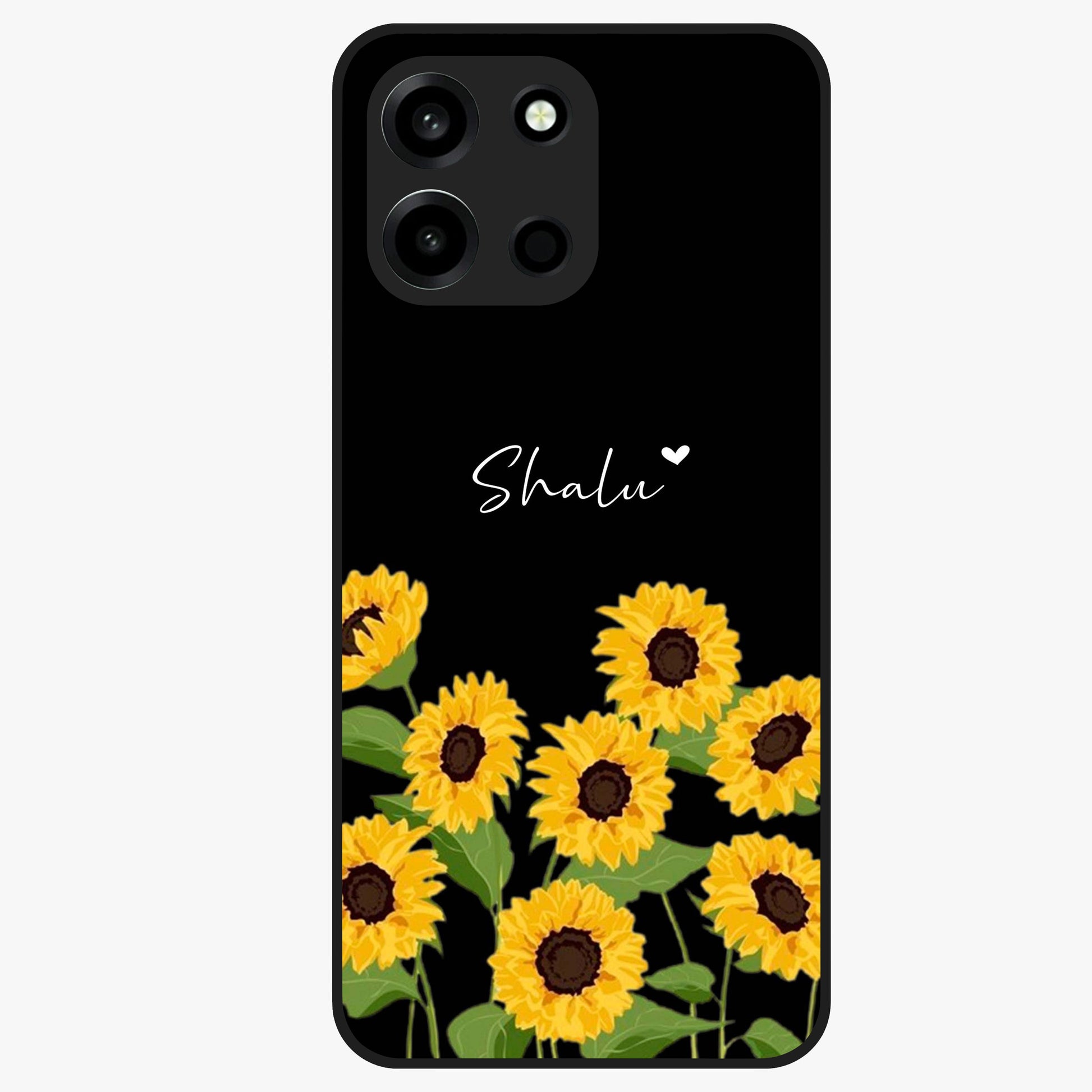 Sunflower Chic Mood Custom Name Glass Case showing flat back view with stylish sunflower artwork and personalized name design.