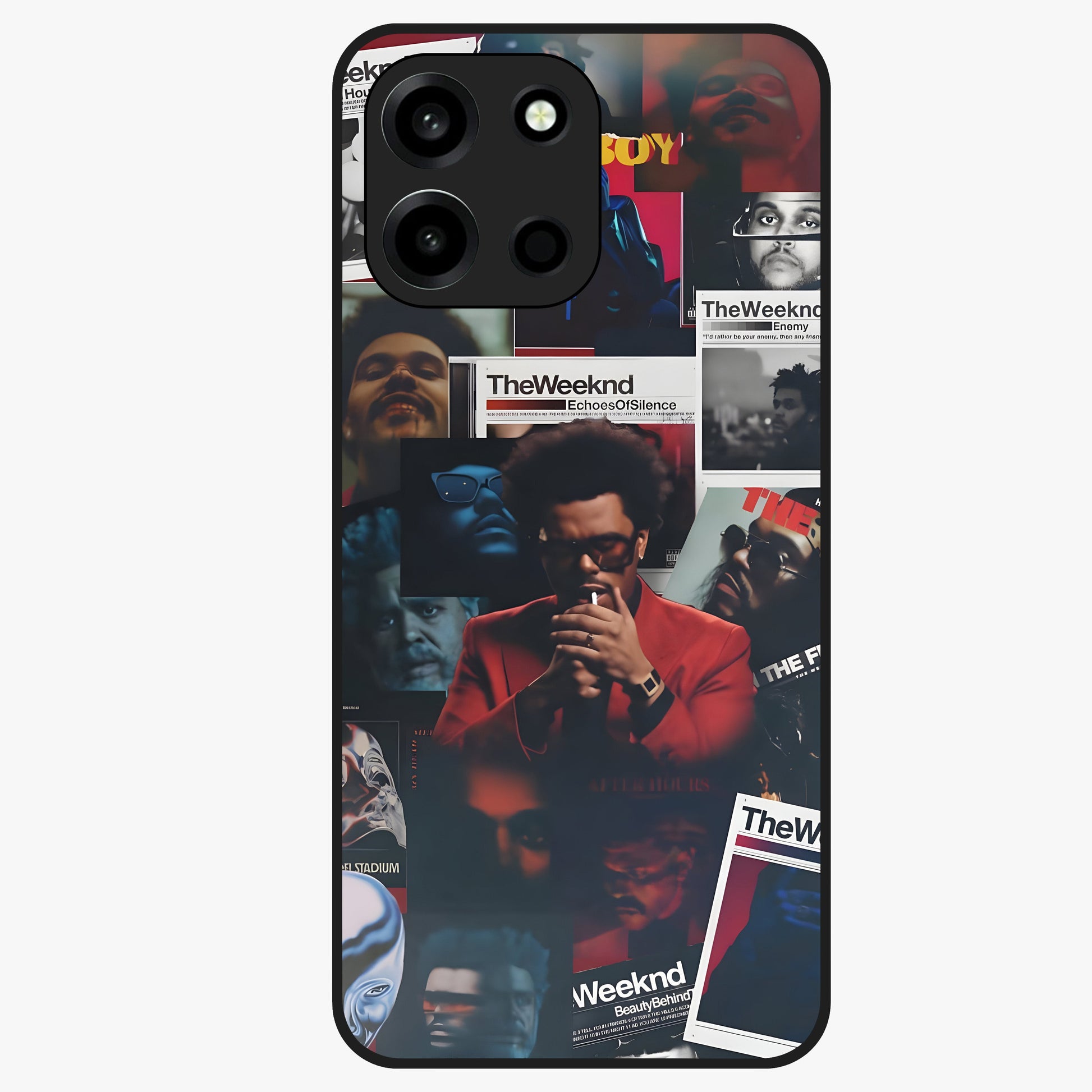 The Weeknd Glass Case showing flat back view with music inspired artistic portrait artwork and glossy glass finish.