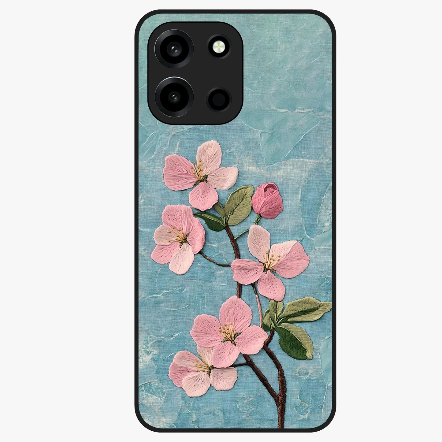 Threaded Blossom Breeze Glass Case showing flat back view with delicate blossom artwork and glossy glass finish.