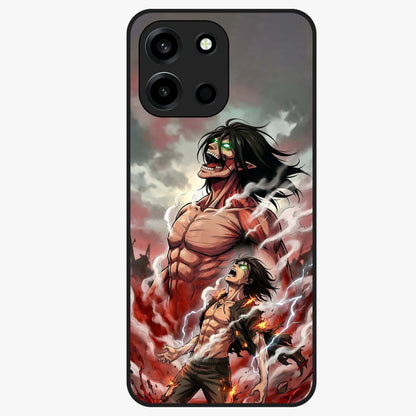 Titan Awakening Fury Glass Case showing flat back view with powerful titan inspired artwork and glossy glass finish.
