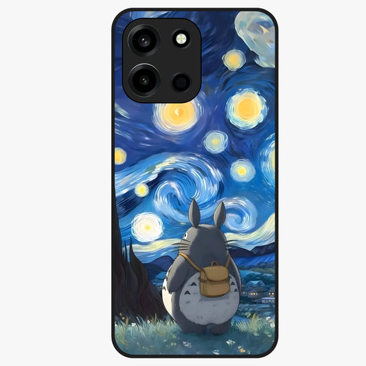 Totoro In Van Gogh Art Glass Case showing flat back view with whimsical character artwork inspired by Van Gogh style and glossy glass finish.